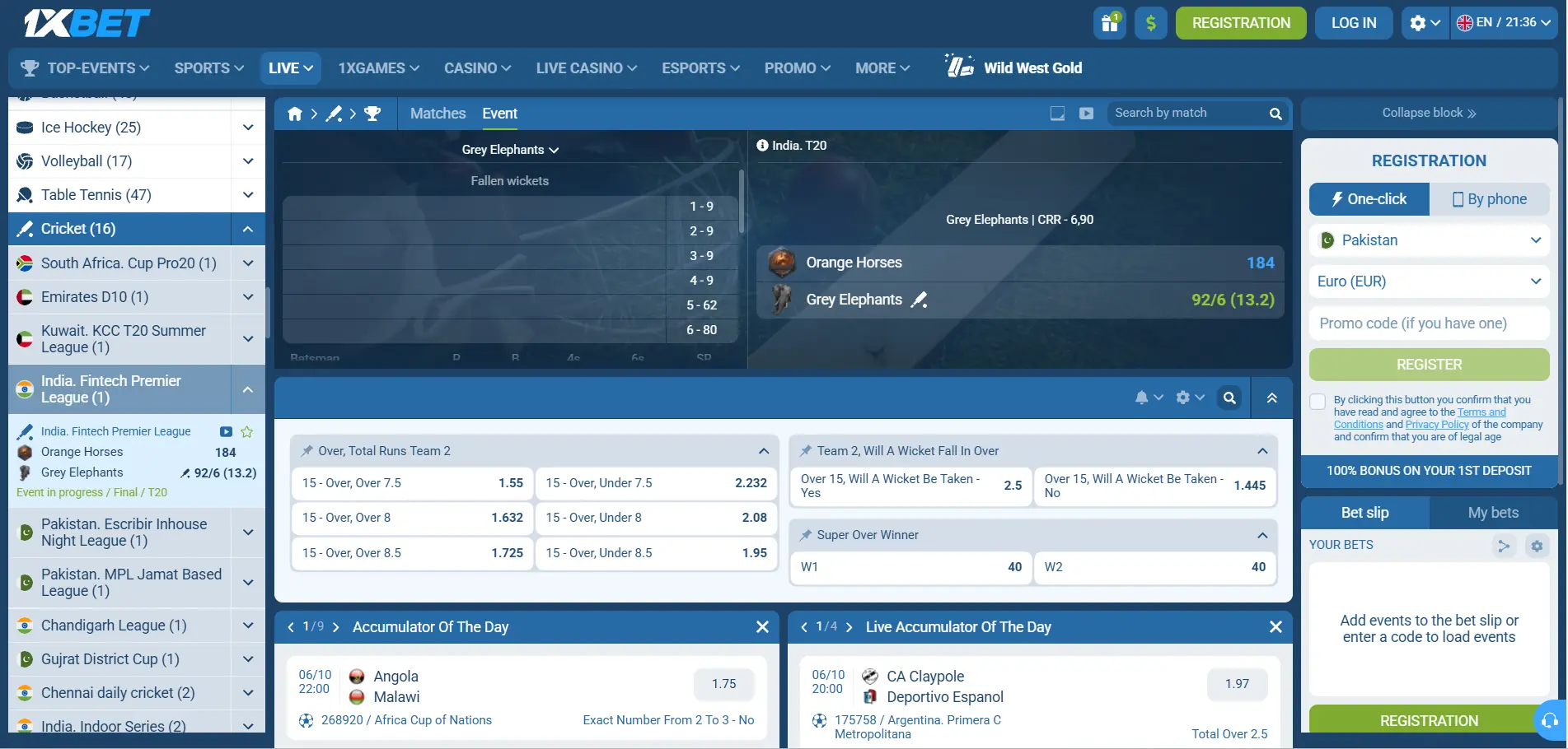 Live cricket interface showing the teams, runs, wickets, overs and available in-play markets