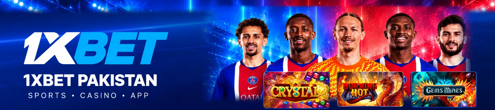 Illustrated 1xBet Pakistan banner with football players and casino game artwork