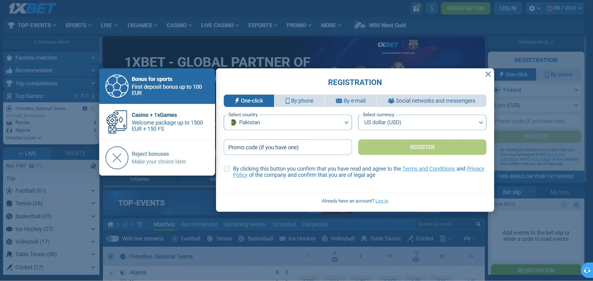 Example 1xBet registration form with account settings and sign-up options