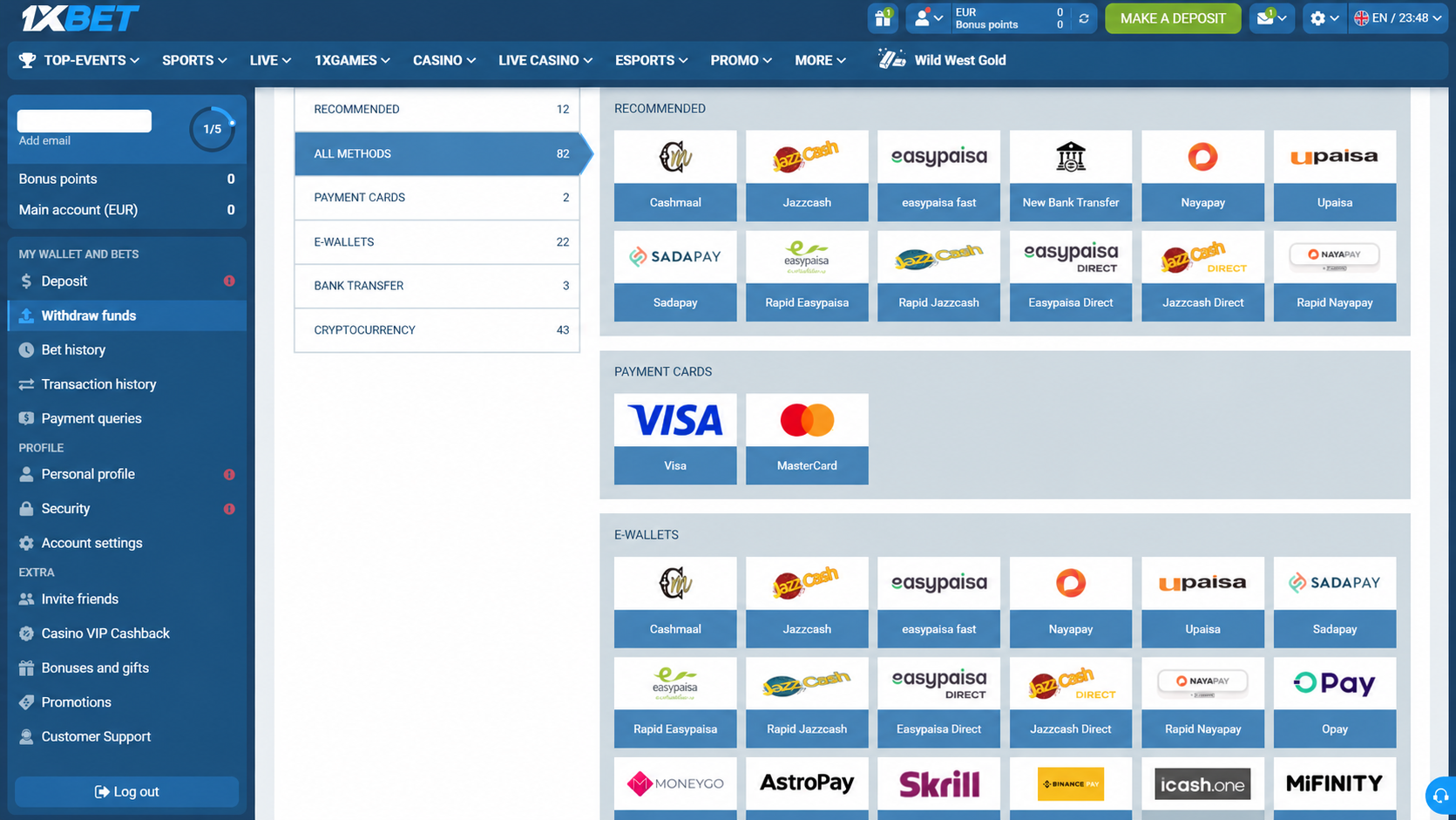 Illustrative 1xBet withdrawal screen showing bank transfer, card and e-wallet categories in an EUR account, with the personal identifier hidden.